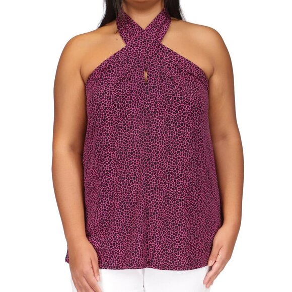 Michael Kors Women's Plus Size Sleeveless Halter Top, Pink Black Giraffe - Picture 1 of 6